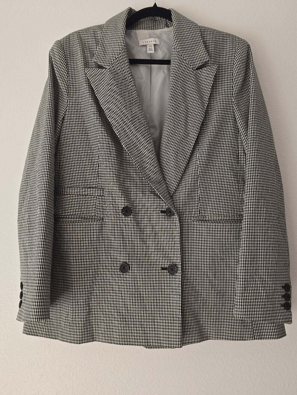 Topshop Houndstooth Double-Breasted Blazer - Black & White